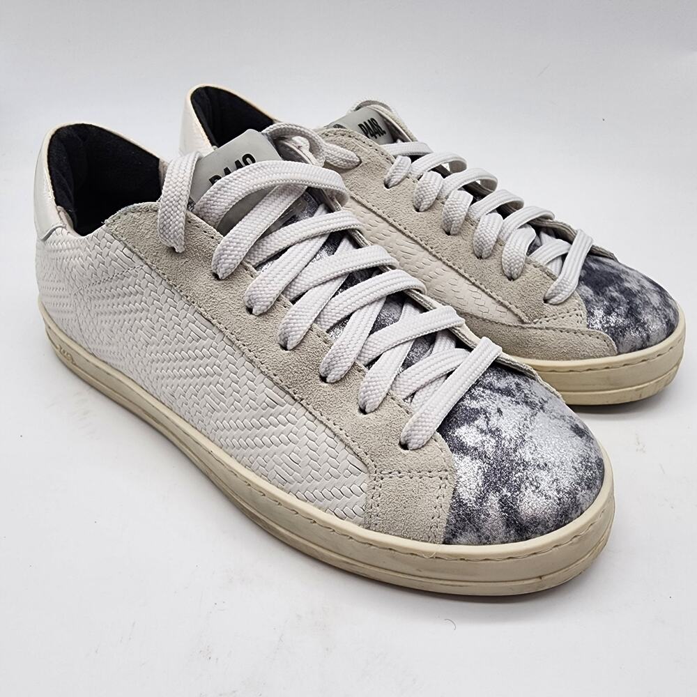 P448 John Low‎ Top Sneakers White Leather Silver Velvet  EU 36 US 6